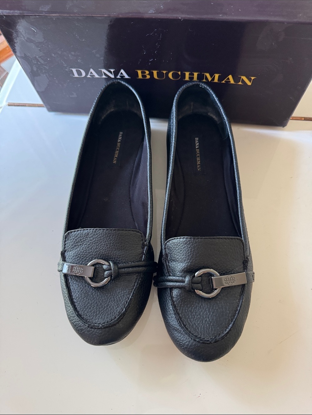 Dana Buchman Black Pebbled Leather Loafers with Silver Bit